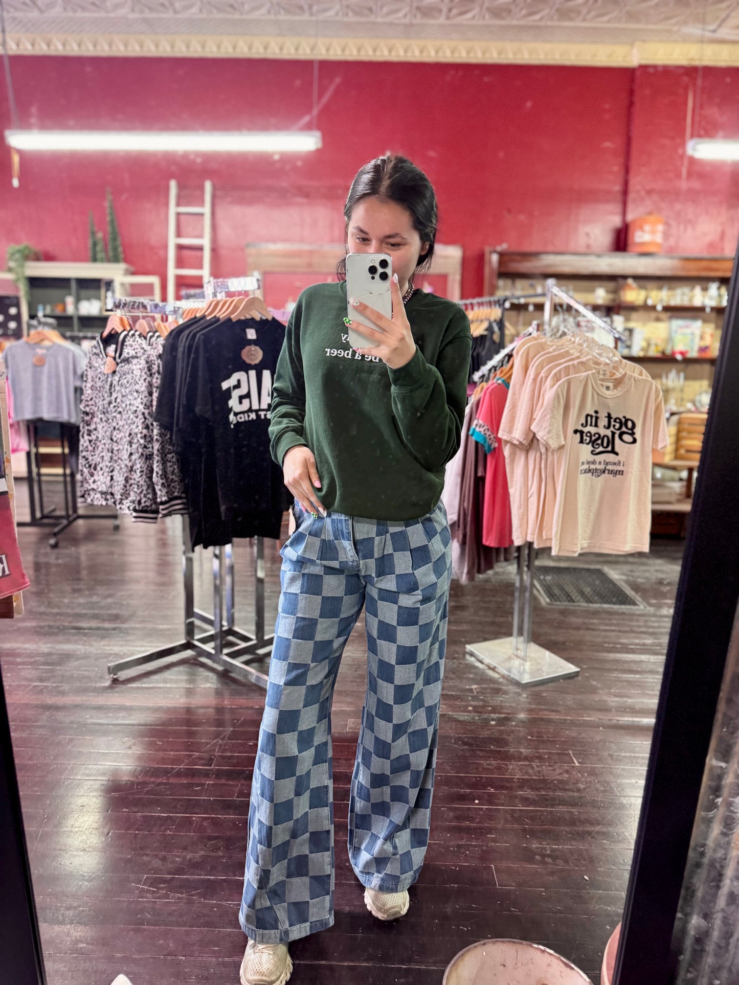 Retro Checkered Wide Leg Jeans