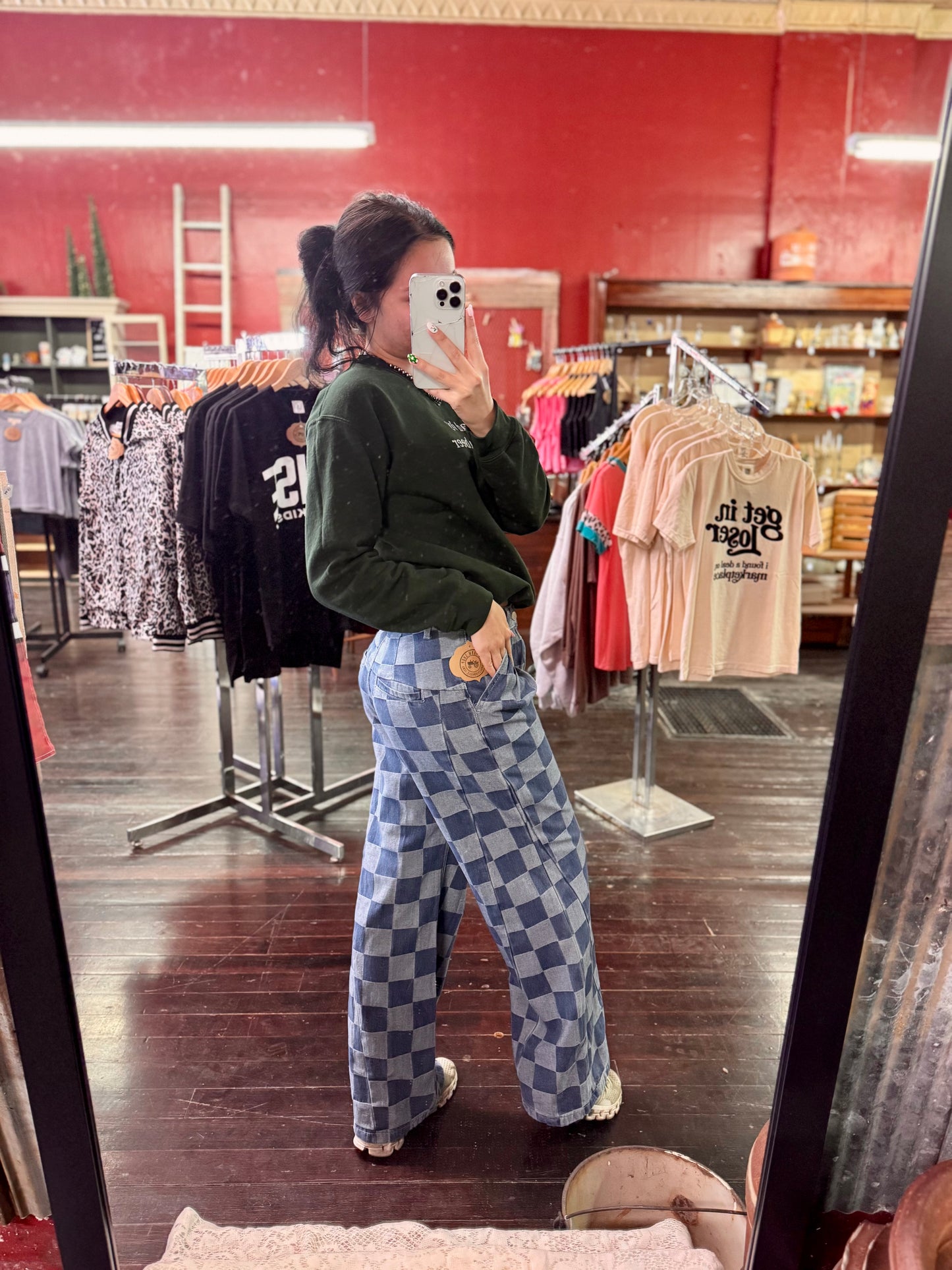 Retro Checkered Wide Leg Jeans