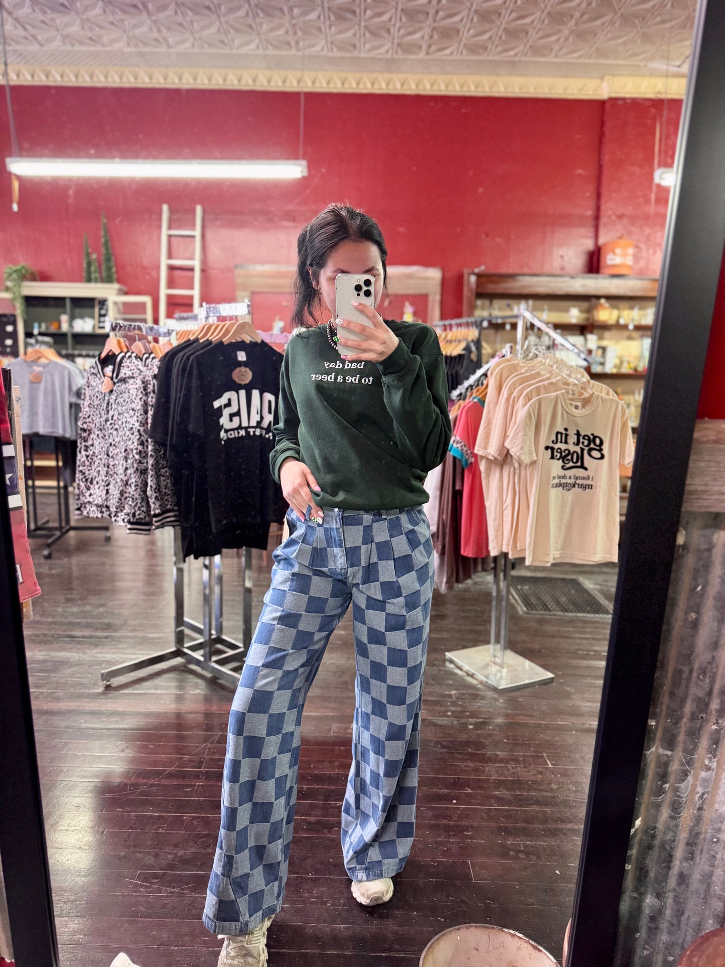 Retro Checkered Wide Leg Jeans